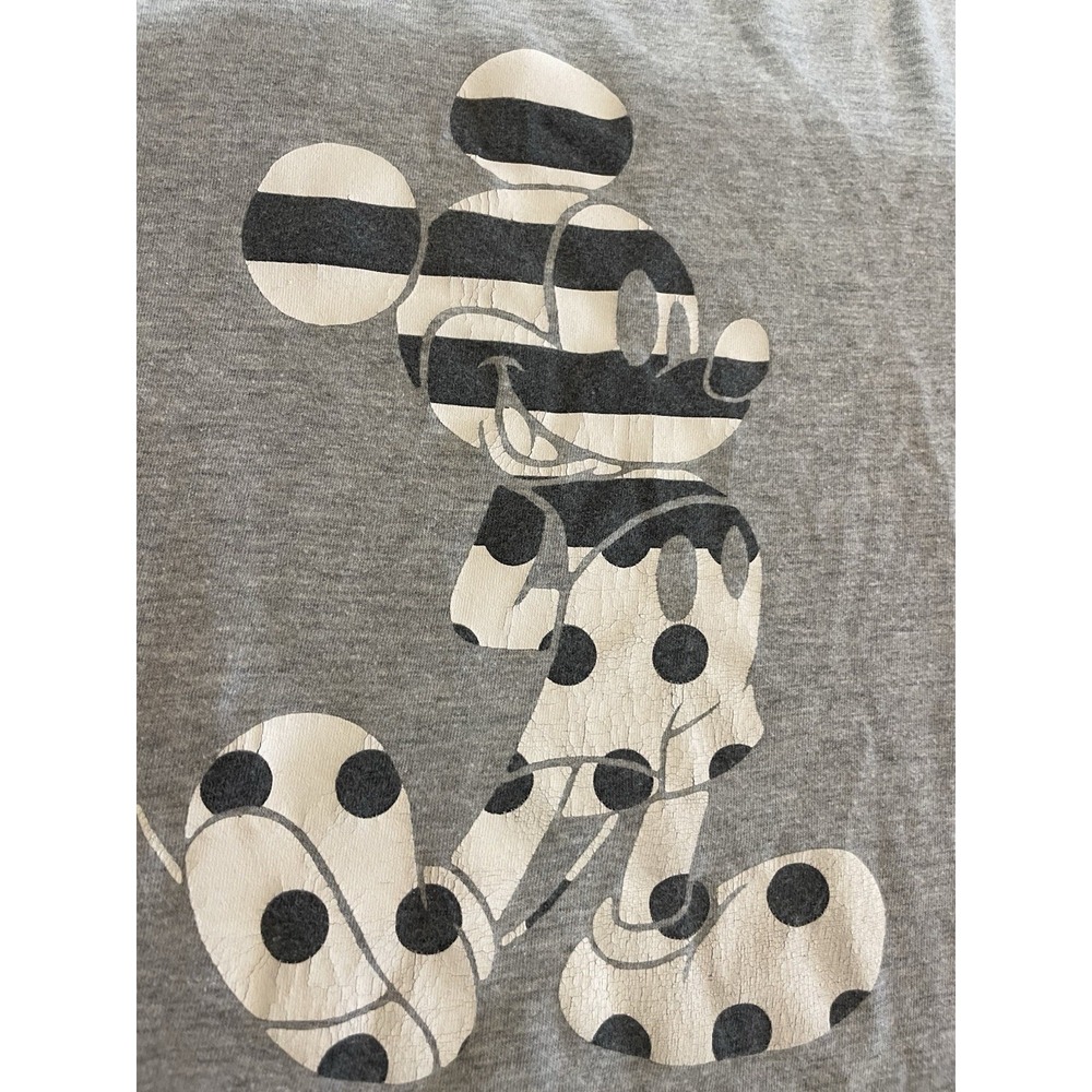 Disney Neff Mickey Mouse Shirt Heather Gray Graphic Tee Striped Dots Distressed